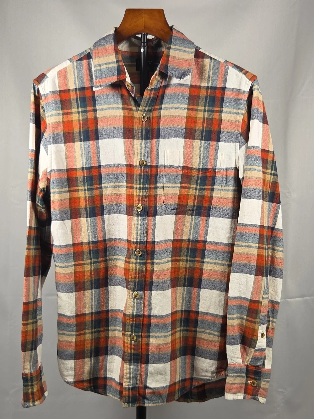 J. Crew Men’s Long-Sleeve Plaid Button-Down Flannel Orange, Blue, and Cream Sz S